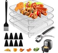 Feluxor Grille de Cuisson à Trois Couches en Acier Inoxydable 3 Empilable Support Friteuse Air Fryer Rack Accessories avec Pieds-Silicone et Clips Anti-Brûlure,Brosse pour Friteuse à Air, Autocuiseu