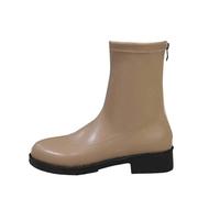 Femelle Bottes Mi-Mollet Cuir Verni plates Chaussures de botte pour dame Imperméables à talon carré Mode Souple Bottes pour femme Vintage Confortable Chaudes Automne Hiver Femelles Bottillon