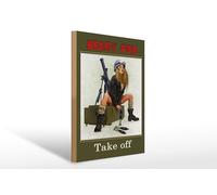 Femer Plaque décorative en bois avec inscription en allemand « Ready for Take off Frau auf Kiste » - 30 x 40 cm