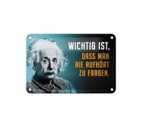 Femer Plaque décorative en tôle avec citation 12 x 18 cm Einstein bleu ne s'arrête jamais de demander