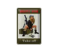 Femer Plaque décorative en tôle avec inscription en allemand « Ready for Take off Frau auf Kiste » - 20 x 30 cm