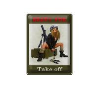 Femer Plaque décorative en tôle avec inscription en allemand « Ready for Take off Frau auf Kiste » - 30 x 40 cm