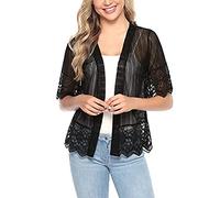 FeMereina Cardigan en dentelle à manches mi-longues pour femme - Crochet - Dentelle florale ouverte sur le devant - Boléro court - Boléro transparent, Noir #1., L