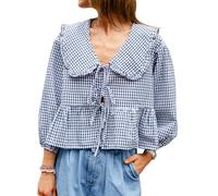 FeMereina Chemise d'été douce pour femme - Imprimé écossais - Lanterne - Manches longues - Col de poupée - Nœud à nouer sur le devant - Haut péplum ample, Noir , L