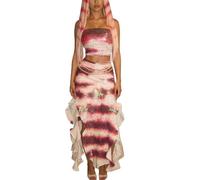FeMereina Costume d'Halloween Lola pour femmes - Jupe longue sans bretelles, tube sur le côté, jupe longue à volants fendus (multicolore, taille XL)