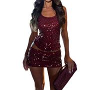 FeMereina Ensemble de 2 pièces à paillettes pour femme - Sexy - Sans manches - Dos nu - Mini moulant - Étoile de mer, Bordeaux #1, M