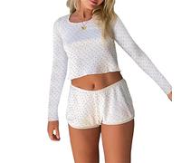 FeMereina Ensemble de pyjama Y2K pour femme, imprimé cœur, sans manches, col en V, haut et short, vêtements de détente d'été, vêtements de rue, Manches longues blanches., S