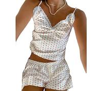 FeMereina Ensemble de pyjama Y2K pour femme, imprimé cœur, sans manches, col en V, haut et short, vêtements de détente d'été, vêtements de rue, blanc, M