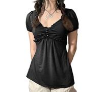 FeMereina Femmes Y2k Hauts courts à manches courtes d'été avec dentelle rétro, coupe ajustée, nouée à l'avant, style slim, esthétique des années 90, T-shirt féérique grunge, Noir , XL