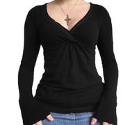 FeMereina Haut court à dentelle avec col en V pour femmes, manches longues, style Y2K, chemisier ajusté, vêtement coquette pour le quartier Downtown, printemps et automne, Noir , M