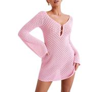 FeMereina Mini robe tricotée au crochet à manches longues en maille pour femme, col en V, dos nu, robe pull ajourée d'été, rose, M