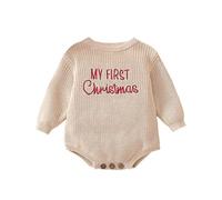 FeMereina « My First Christmas » Body de Noël pour nouveau-né, bébé fille ou garçon, à manches longues, tricoté en câble, avec bulles, ample, tenue en une pièce, kaki, 12-18 Months