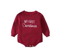 FeMereina « My First Christmas » Body de Noël pour nouveau-né, bébé fille ou garçon, à manches longues, tricoté en câble, avec bulles, ample, tenue en une pièce, Rouge, 12-18 Months