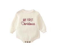 FeMereina « My First Christmas » Body de Noël pour nouveau-né, bébé fille ou garçon, à manches longues, tricoté en câble, avec bulles, ample, tenue en une pièce, blanc, 6-9 Months