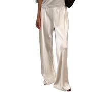 FeMereina Pantalon habillé en satin à jambes larges pour femme - Pantalon décontracté - Pantalon long et fluide - Taille haute élastique, blanc, S