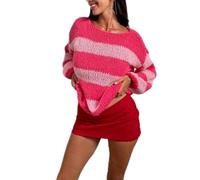 FeMereina Pull en tricot à rayures pour femme, oversize, à manches longues, col rond, tendance et mignon, rouge pastèque, M
