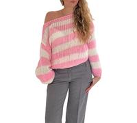 FeMereina Pull en tricot à rayures pour femme, oversize, à manches longues, col rond, tendance et mignon, Rose #1., S