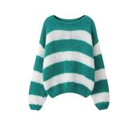 FeMereina Pull en tricot à rayures pour femme, oversize, à manches longues, col rond, tendance et mignon, Vert, XL