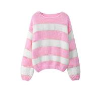 FeMereina Pull en tricot à rayures pour femme, oversize, à manches longues, col rond, tendance et mignon, rose clair, L