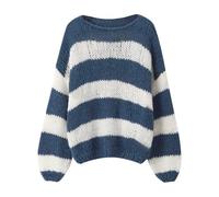 FeMereina Pull en tricot à rayures pour femme, oversize, à manches longues, col rond, tendance et mignon, bleu, XL