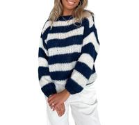 FeMereina Pull en tricot à rayures pour femme, oversize, à manches longues, col rond, tendance et mignon, Bleu #1., M