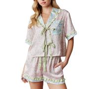 FeMereina Pyjama 2 pièces pour femme avec nœud papillon sur le devant et motif floral d'été Y2k, multicolore, S