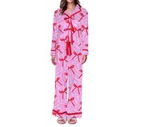FeMereina Pyjama de Noël 2 pièces pour femme avec nœud papillon, chemise à manches longues et pantalon, ensemble de pyjama en satin de soie, rose, S