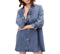 FeMereina Robe chemise ample en denim pour femme avec manches 3/4 boutonnées, tunique décontractée à manches bouffantes