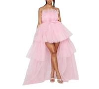 FeMereina Robe de bal à étages haute-basse pour femmes, avec nœud et ceinture en tulle, robe de bal pour soirée de remise des diplômes, à épaules dénudées, avec ruches, longue et bouffante, rose, M