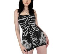 FeMereina Robe gothique pour femme - Sans manches - Bretelles spaghetti - Imprimé squelette amusant - Taille haute - Style rétro punk - Cosplay gothique - Costume d'Halloween grunge, Noir , M