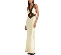 FeMereina Robe longue en satin sans manches avec col en V et dentelle patchwork transparente - Dos nu - Pour invités de mariage, beige, M
