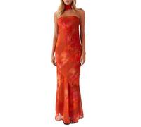 FeMereina Robe longue tube à fleurs pour femme avec écharpe Y2K sans bretelles dos nu en maille longue moulante robe de cocktail formelle robe d'été, rouge corail, S