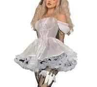 FeMereina Robe noire gothique Lolita en dentelle blanche à manches longues avec épaules dénudées pour femme Cosplay Party Bal, blanc, L