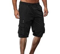 FeMereina Short cargo d'été pour homme - Taille élastique - Léger - Short long cargo avec poches, Noir , XXL