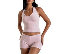 FeMereina Y2K Ensemble de 2 pièces avec short rayé sexy et débardeur court moulant pour femme Rose Taille S, rose, S
