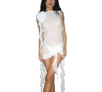 FeMereina Y2K Robe débardeur à volants en maille transparente sans manches dos nu col rond couleur unie avec pompons floraux en maille, Blanc #1., M