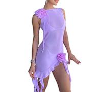 FeMereina Y2K Robe débardeur à volants en maille transparente sans manches dos nu col rond couleur unie avec pompons floraux en maille, violet, M