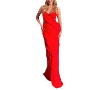 FeMereina Y2k Robe longue moulante sans manches avec bretelles spaghetti et volants et col en V profond, Rouge, L