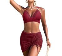 FemiChic Maillot de Bain Femme 2 Pieces Push Up Col V Bikini Deux Pièces Bas en Maille Taille Haute Contrôle Abdominal Swimsuit Vacances Plage(Rouge vin,L)