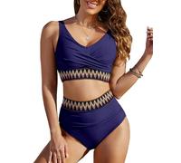 FemiChic Maillot de Bain Femme 2 Pieces Sexy Vintage Haut de Bikini Push up Rembourré Bas Taille Haute Ventre Plat Ensemble Chic et Elegant Ronde Piscine Plage Grande Taille(Bleu Marine,M)