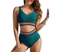 FemiChic Maillot de Bain Femme 2 Pieces Sexy Vintage Haut de Bikini Push up Rembourré Bas Taille Haute Ventre Plat Ensemble Chic et Elegant Ronde Piscine Plage Grande Taille(Turquoise,M)