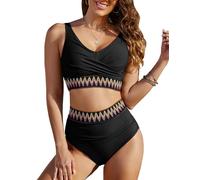 FemiChic Maillot de Bain Femme 2 Pieces Sexy Vintage Haut de Bikini Push up Rembourré Bas Taille Haute Ventre Plat Ensemble Chic et Elegant Ronde Piscine Plage Grande Taille(Noir,M)