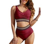 FemiChic Maillot de Bain Femme 2 Pieces Sexy Vintage Haut de Bikini Push up Rembourré Bas Taille Haute Ventre Plat Ensemble Chic et Elegant Ronde Piscine Plage Grande Taille(Bourgogne,M)