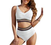 FemiChic Maillot de Bain Femme 2 Pieces Sexy Vintage Haut de Bikini Push up Rembourré Bas Taille Haute Ventre Plat Ensemble Chic et Elegant Ronde Piscine Plage Grande Taille(Blanc,M)