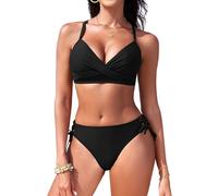 FemiChic Maillot de Bain Femme Push Up Col V 2 Pieces Bikini avec Bretelles Croisés Réglables Bas de Maillot de Bain À Laçage Découpes Vides(Noir,S)