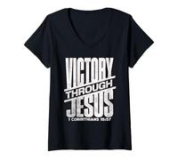 Femme 1 Corinthiens 15 57 Victoire par Jésus-Christ Verse de la Bible T-Shirt avec Col en V