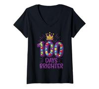 Femme 100 Days Brighter School Crown Gems, 100e Jour pour Filles et Enfants T-Shirt avec Col en V