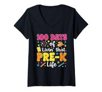 Femme 100 Days of Livin That Pre-k Life Enseignants Filles Garçons T-Shirt avec Col en V