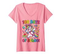 Femme 100 Days of School Dabbing Licorne Léopard Coquette Bow Girl T-Shirt avec Col en V