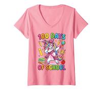 Femme 100 Days of School Dabbing Licorne Léopard Nœud pour enseignantes T-Shirt avec Col en V